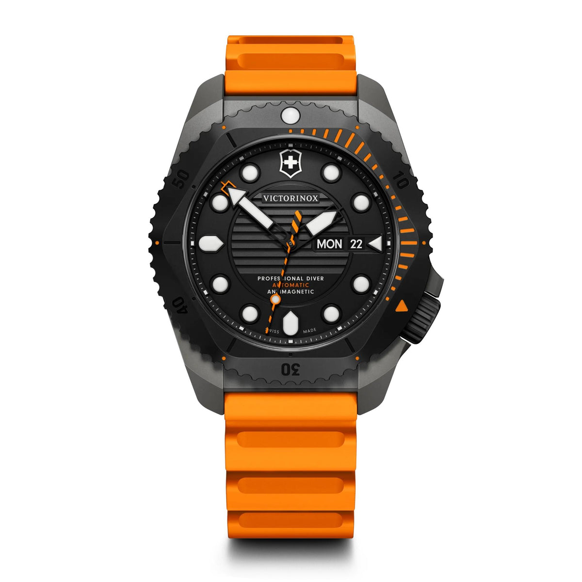 Victorinox Swiss Army Dive Pro Auto 43mm, Grey Titanium Case, Black Titanium Bezel, Black Dial, Orange Rubber Strap