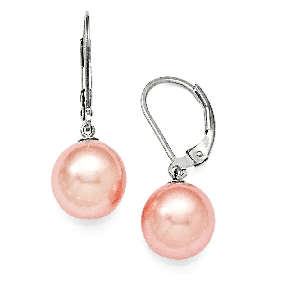 Distinctive Sterling Silver Majestik 10-11mm Round Pink Shell Bead Lever back Earrings