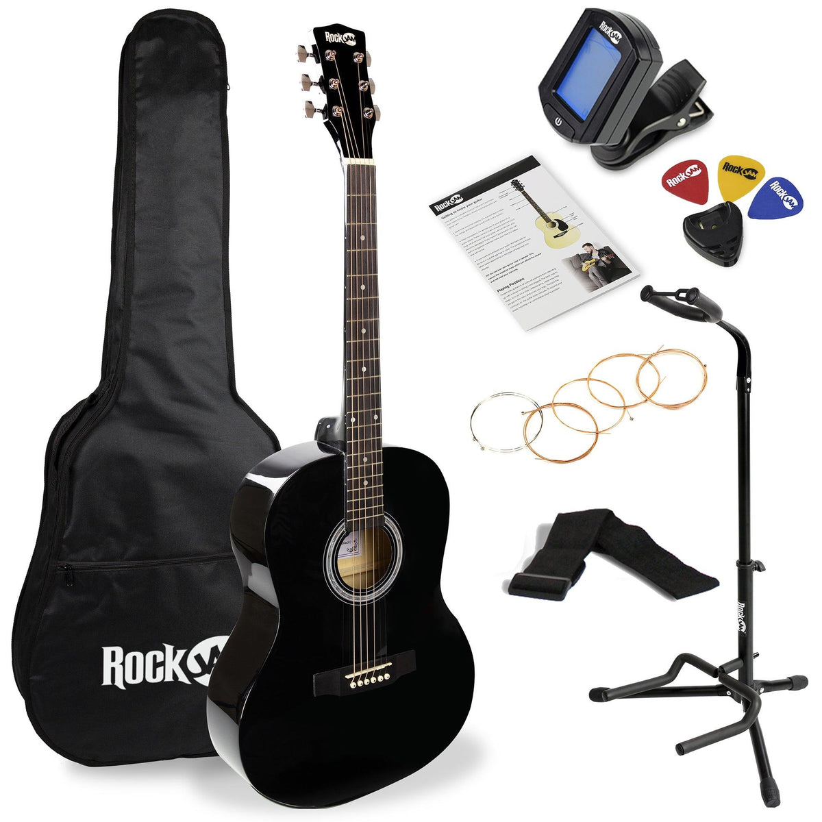 RockJam Acoustic Guitar Kit - Guitar/Stand/Tuner/Bag Black