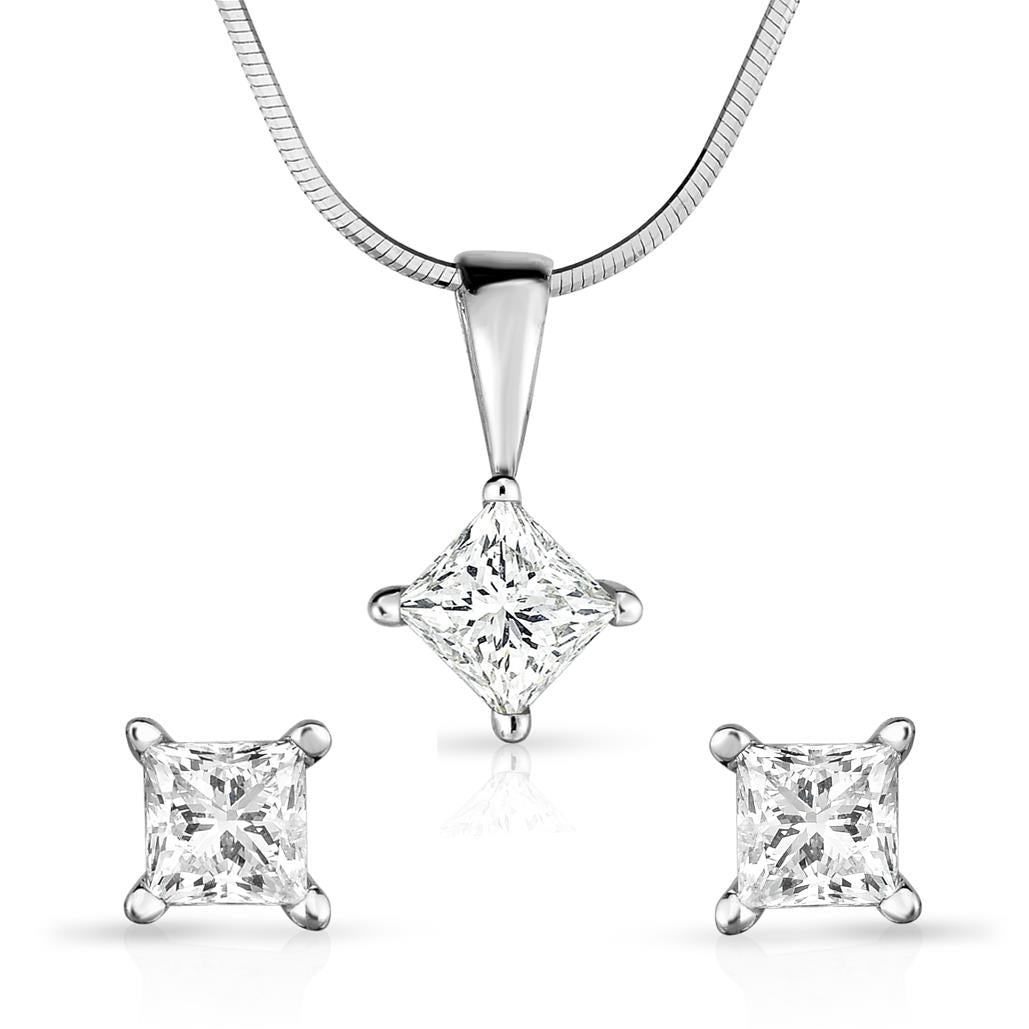 Jilco Princess Cut .50twt Diamond Earrings & 14K White Gold Necklace Set