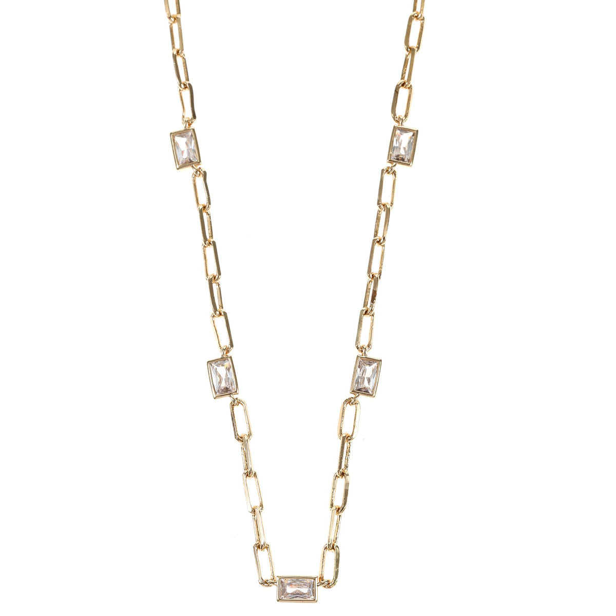 Joyful Sentiments Paperclip Chain with Bezel Set Cubic Zirconia Stations - Goldtone