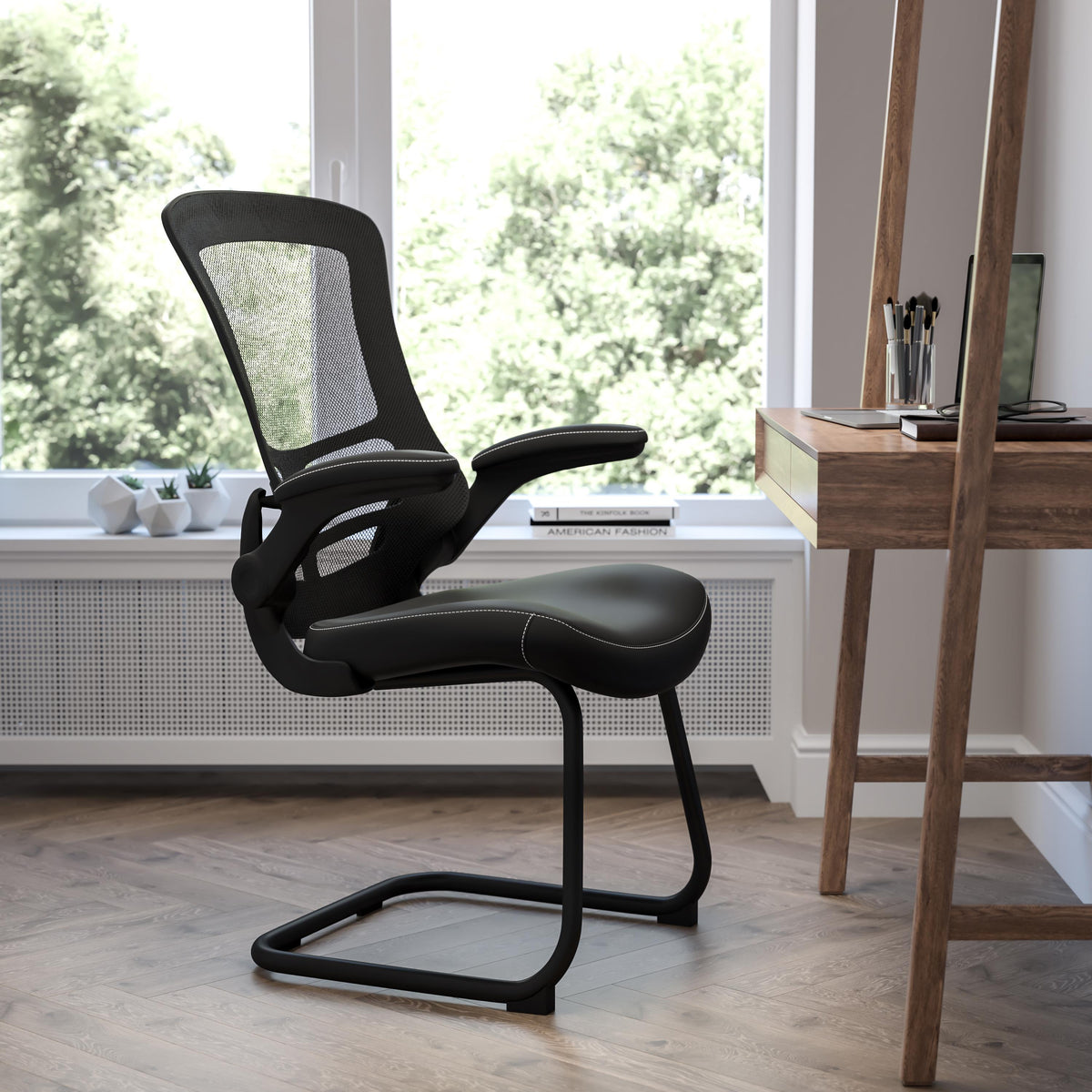 Flash Furniture Black Mesh Sled Base Side Reception Chair with LeatherSoft Seat and Flip-Up Arms