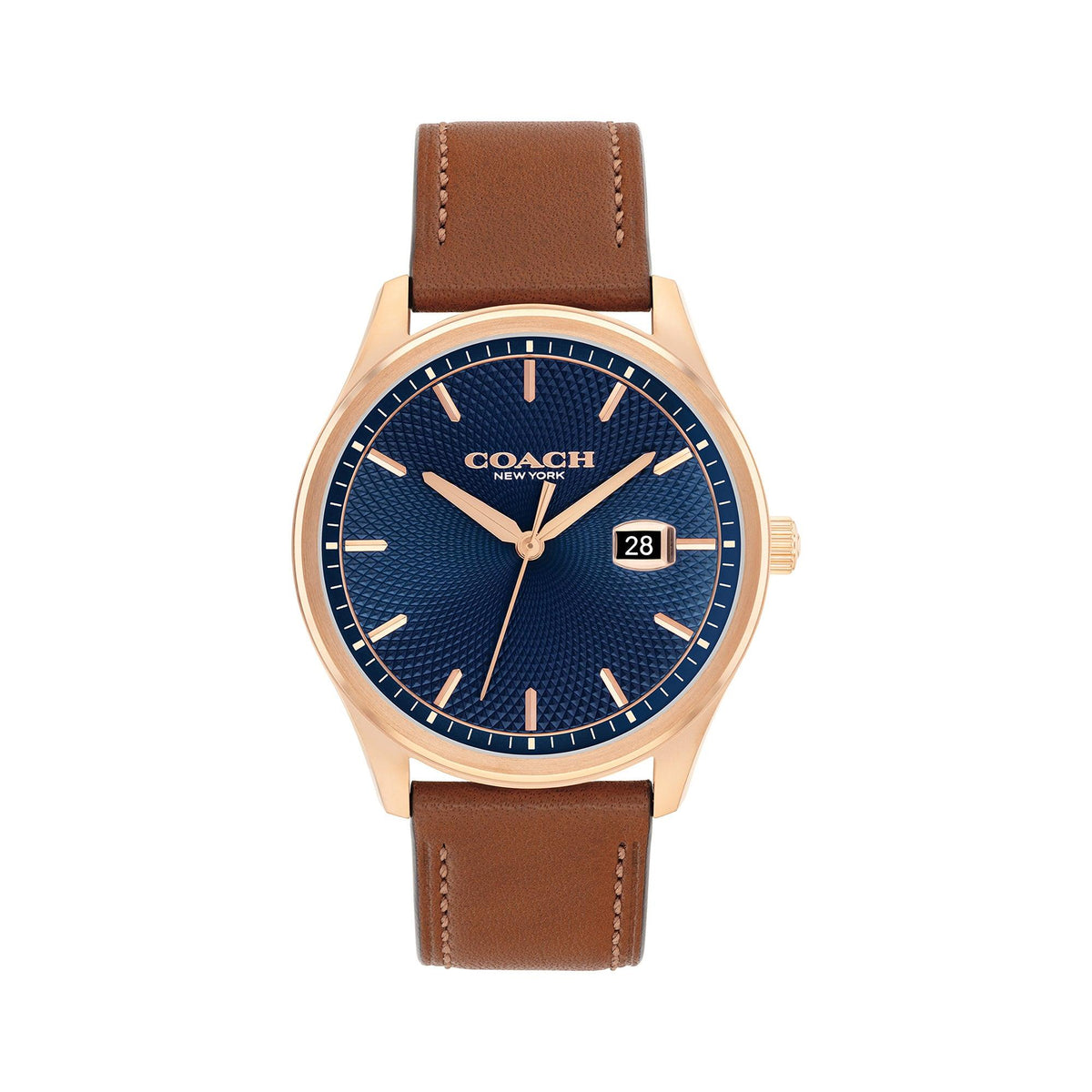 Coach Mens Oliver Rose Gold & Saddle Brown Leather Strap Watch Blue Dial