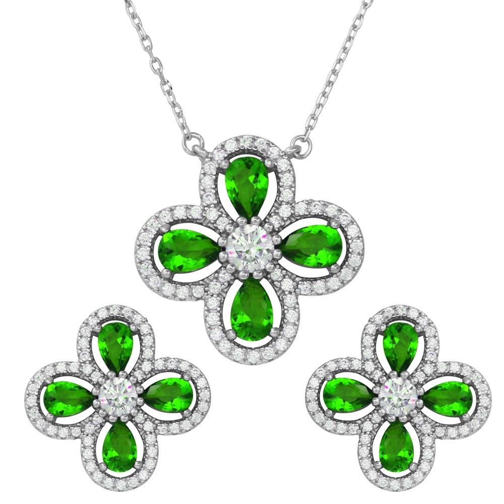 PARIKHS Rhodium Plated 4 Leaf Clover with Green Teardrop, Clear Round CZ Set in 925 Sterling Silver