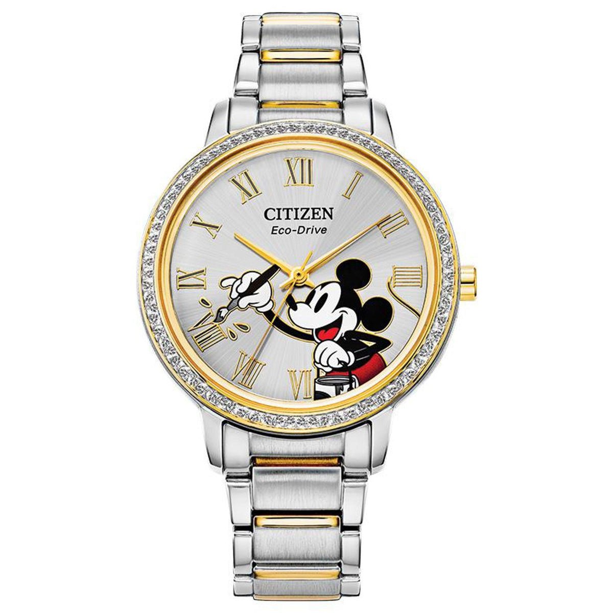 Disney by Citizen Ladies' Mickey Crystal Eco-Drive Two-Tone Stainless Steel Watch Silver Dial