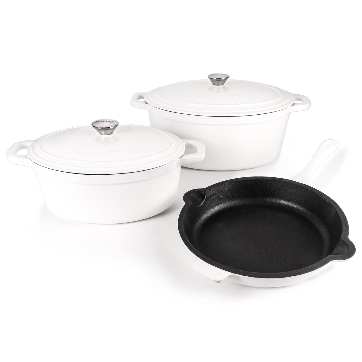 BergHOFF Neo 5pc Cast Iron Oval Dutch Oven Set with 10" Fry Pan, 5qt. & 8qt., White