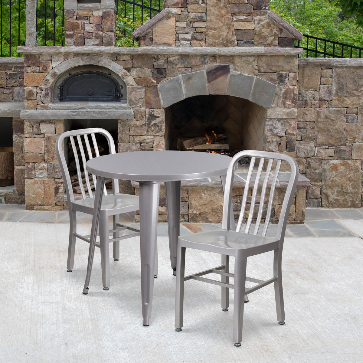Flash Furniture 30" Round Silver Metal Indoor-Outdoor Table Set with 2 Vertical Slat Back Chairs
