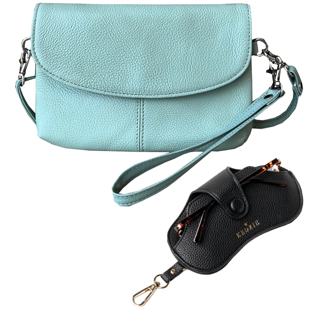 Roma Leathers Crossbody Clutch (Green) with Eyeglass Case