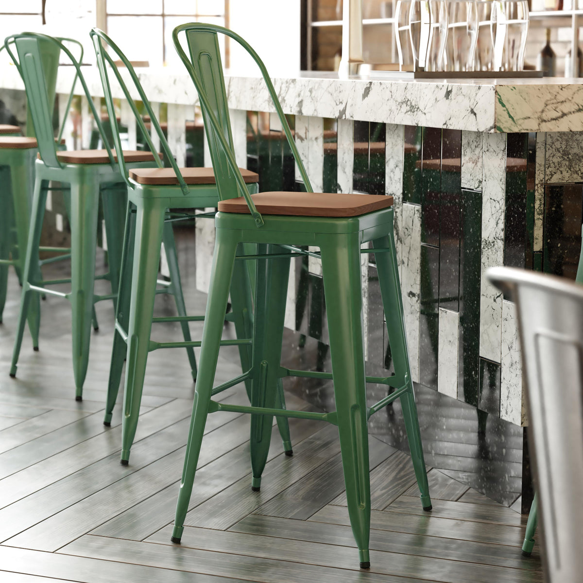 Flash Furniture All-Weather Commercial Bar Stool with Removable Back/Poly Seat-Green/Teak