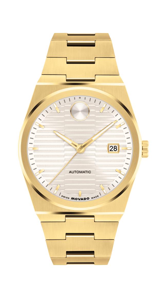 Movado Bold Quest Automatic. Yellow Gold IP Case and Bracelet. White dial