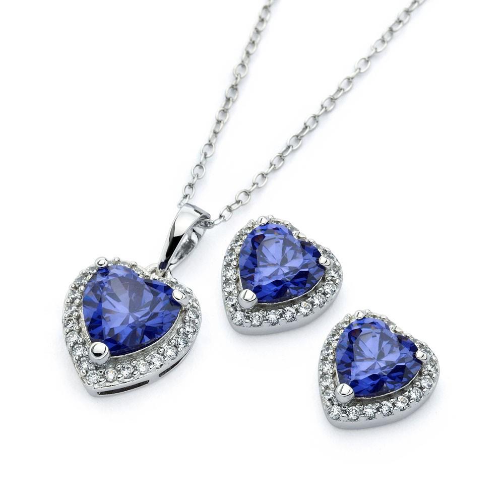 PARIKHS Rhodium Plated Clear Cluster Blue Heart CZ Necklace-Stud Earring Set in 925 Sterling Silver