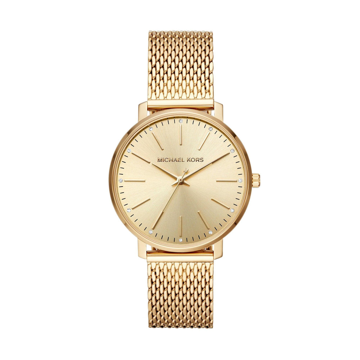 Michael Kors Ladies Pyper Gold-Tone Crystal Accent Mesh Watch Gold Dial
