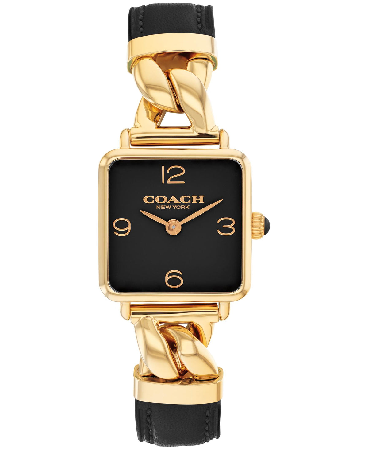 Coach Cass Ladies. Gold Plated Square Case. Black Chain leather strap. Black Lacquer Dial.
