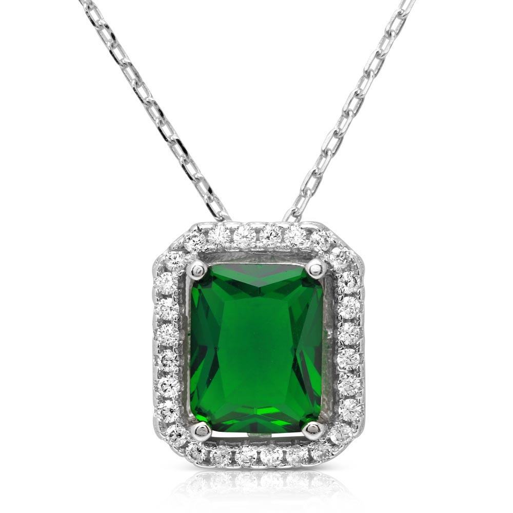PARIKHS Rhodium Plated Green Square Halo Pendant with chain in 925 Sterling Silver