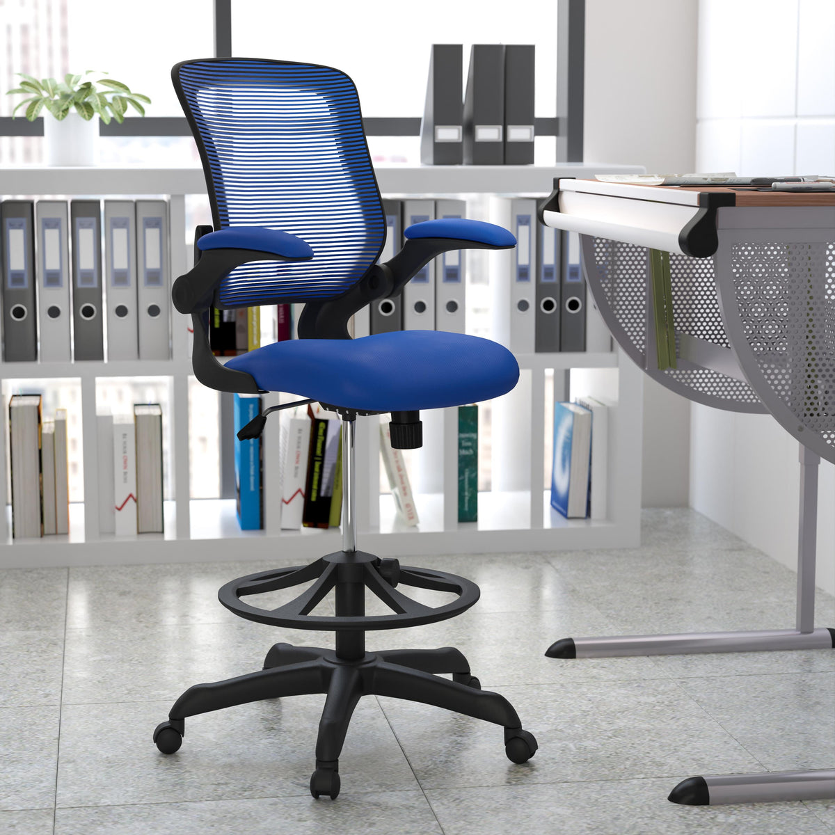 Flash Furniture Mid-Back White Mesh Ergonomic Drafting Chair with Foot Ring and Flip-Up Arms