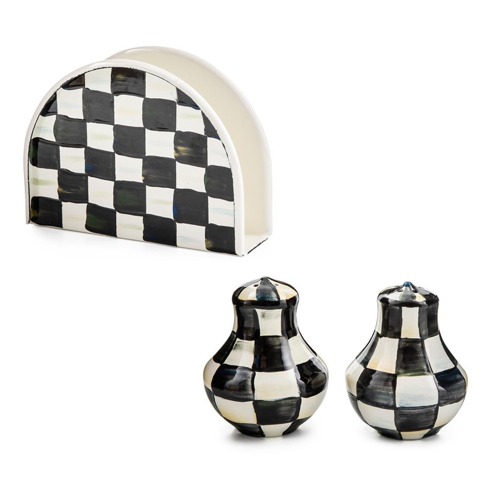 MacKenzie Childs Courtly Check Napkin Holder & Shaker Set