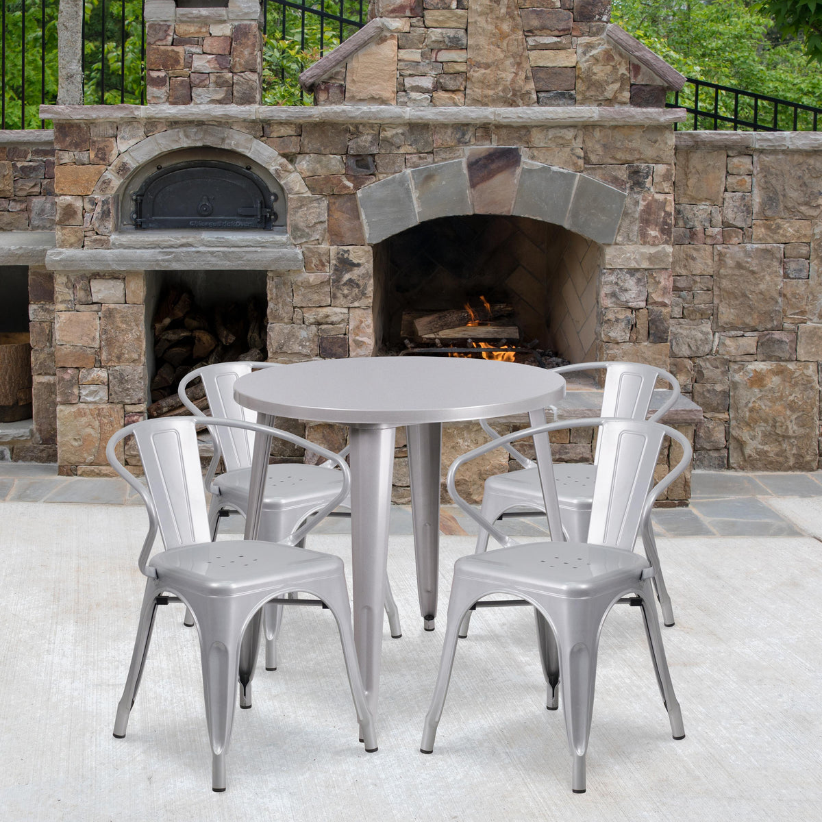 Flash Furniture 30" Round Silver Metal Indoor-Outdoor Table Set with 4 Arm Chairs