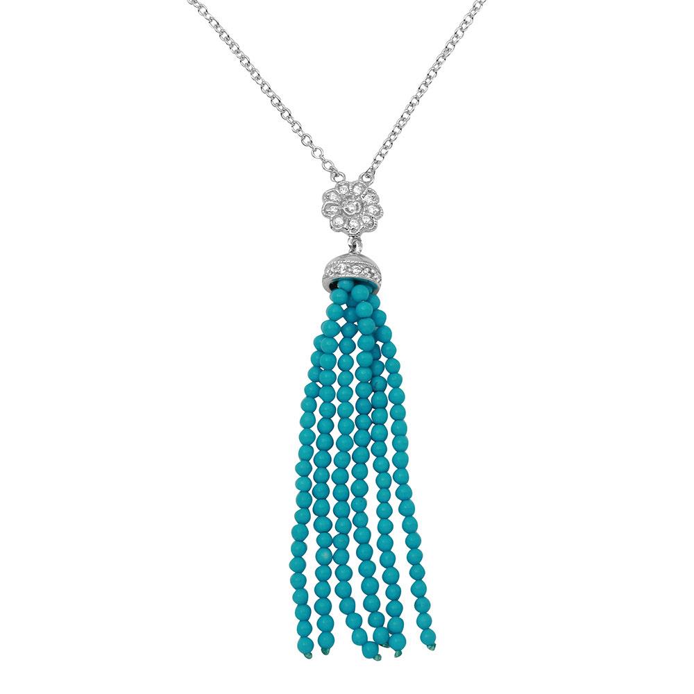PARIKHS Rhodium Plated Flower Centered Turquoise Beads Strands Necklace in 925 Sterling Silver