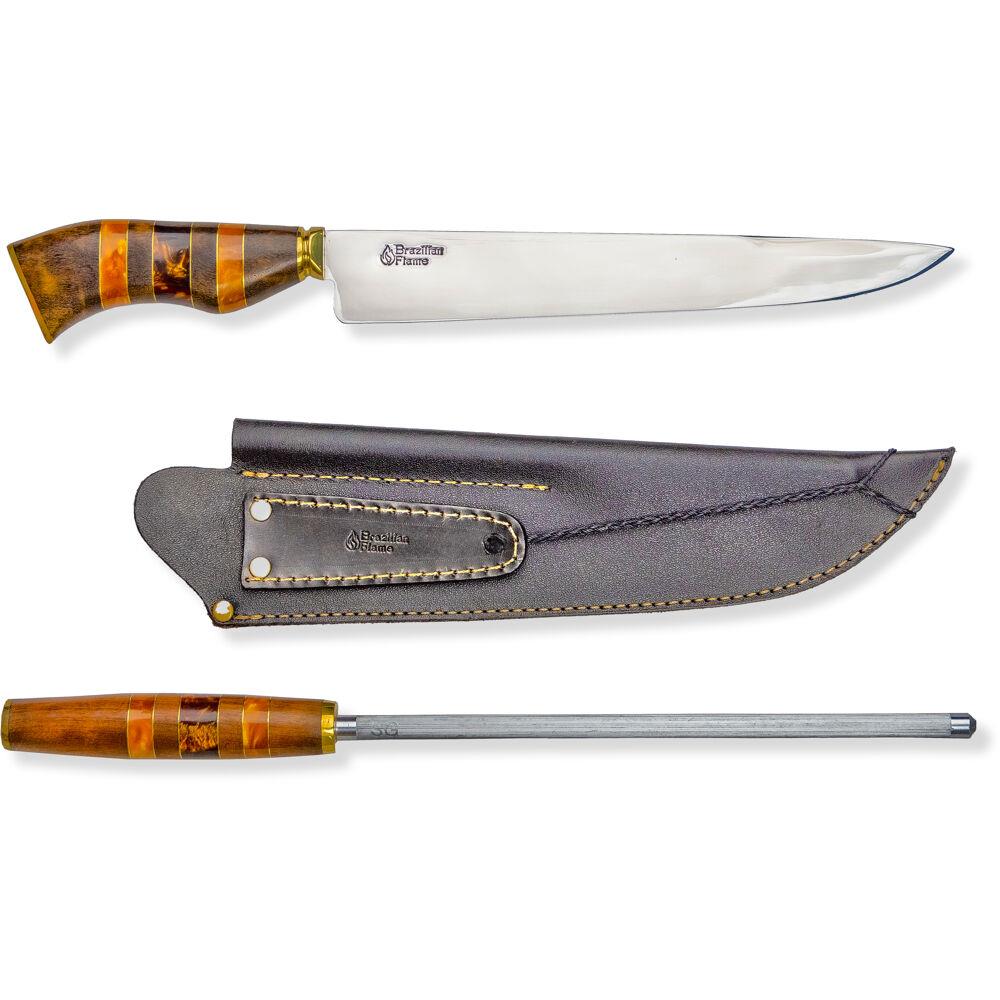 Brazilian Flame Chef Ribs 10-inch Stainless Steel Knife with Sharpener in Yellow