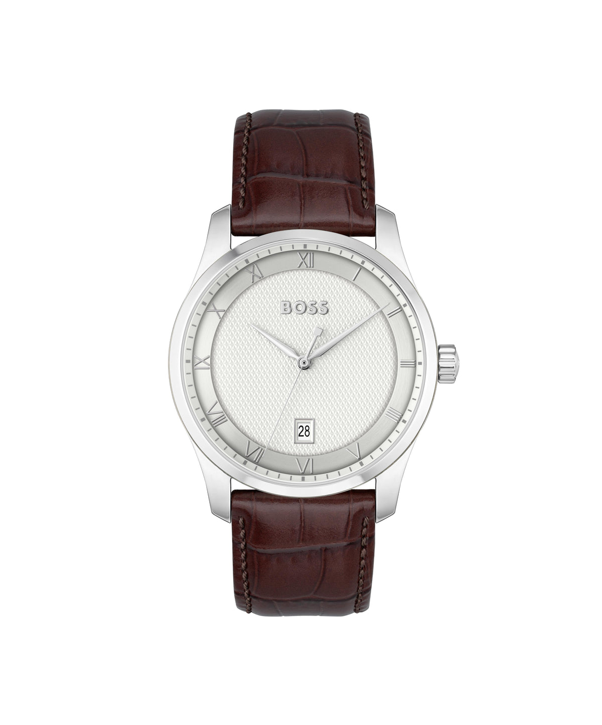 HUGO BOSS Boss Principle Gents. Stainless Steel Case. Brown Calfskin Strap. Silver Dial.