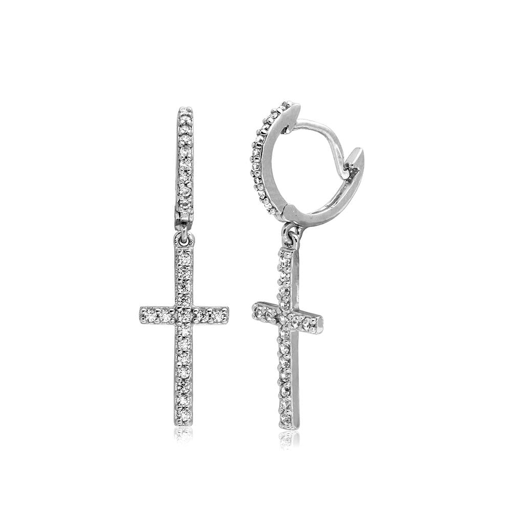 PARIKHS Rhodium Plated Hanging CZ Cross Huggie Earring in 925 Sterling Silver