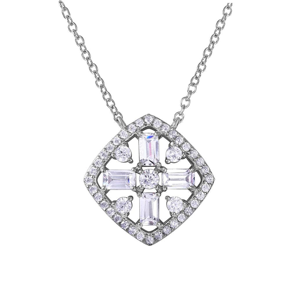 PARIKHS Rhodium Diamond Shape with Cross Center Encrusted with CZ Necklace in 925 Sterling Silver