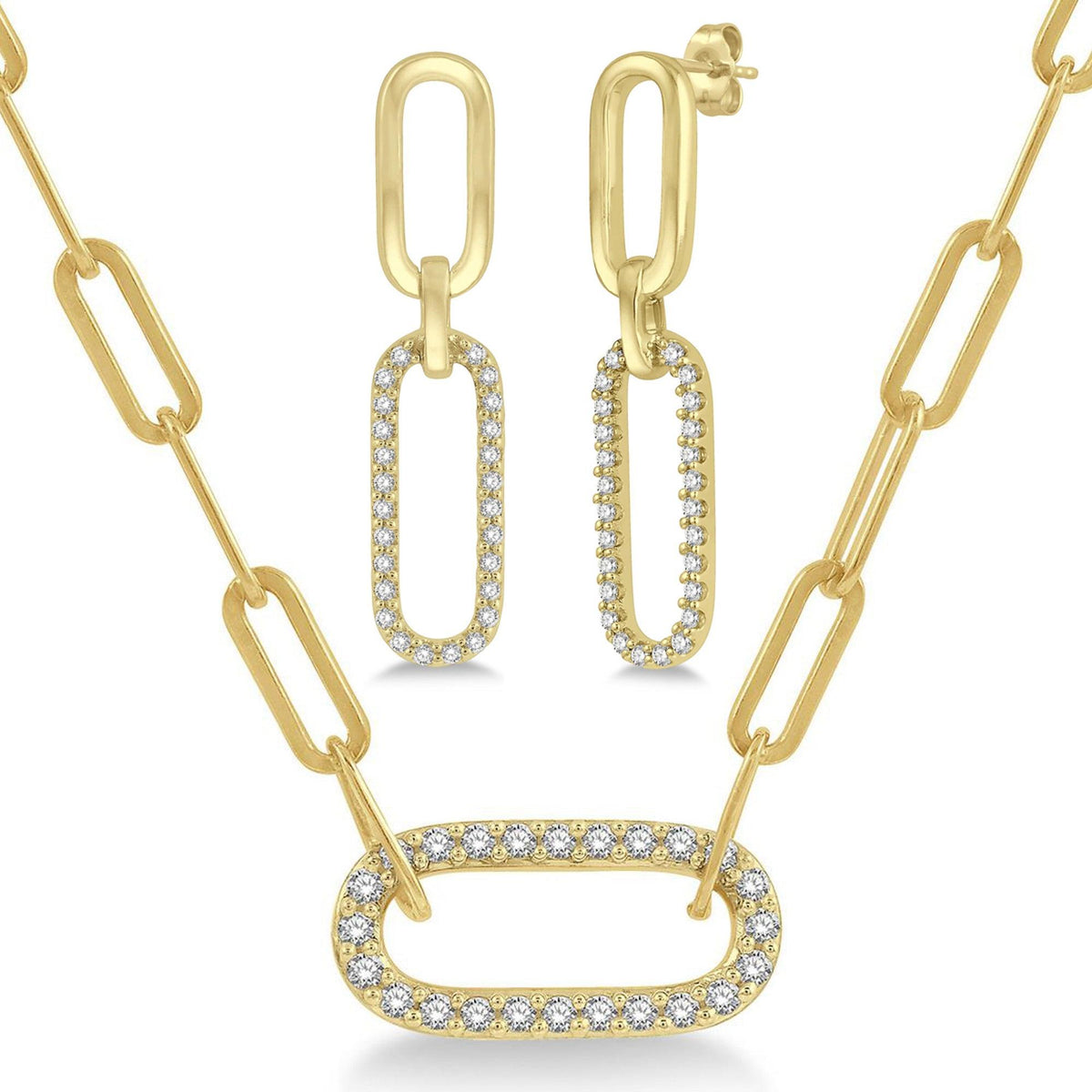 Jilco Diamond Paperclip Pendant Earring & Necklace Set Gold
