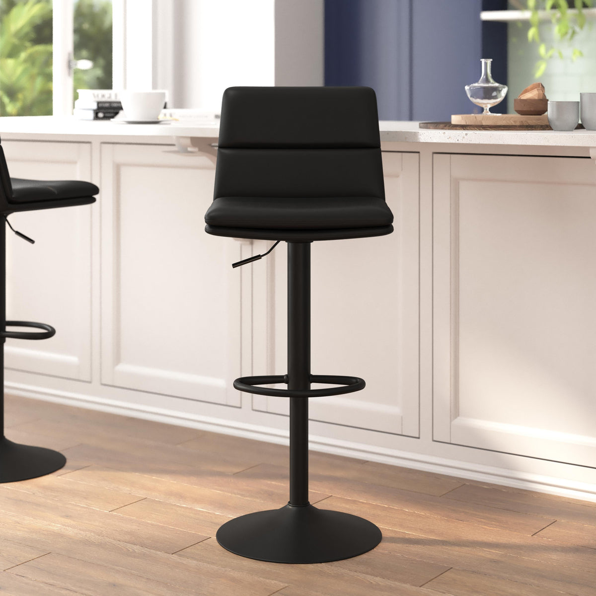 Flash Furniture Set of 2 Commercial Armless Adjustable Height Barstools in Black LeatherSoft