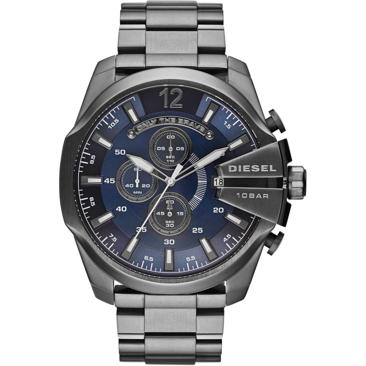Diesel Mens Mega Chief Gunmetal Stainless Steel Watch Drk Blu Dial