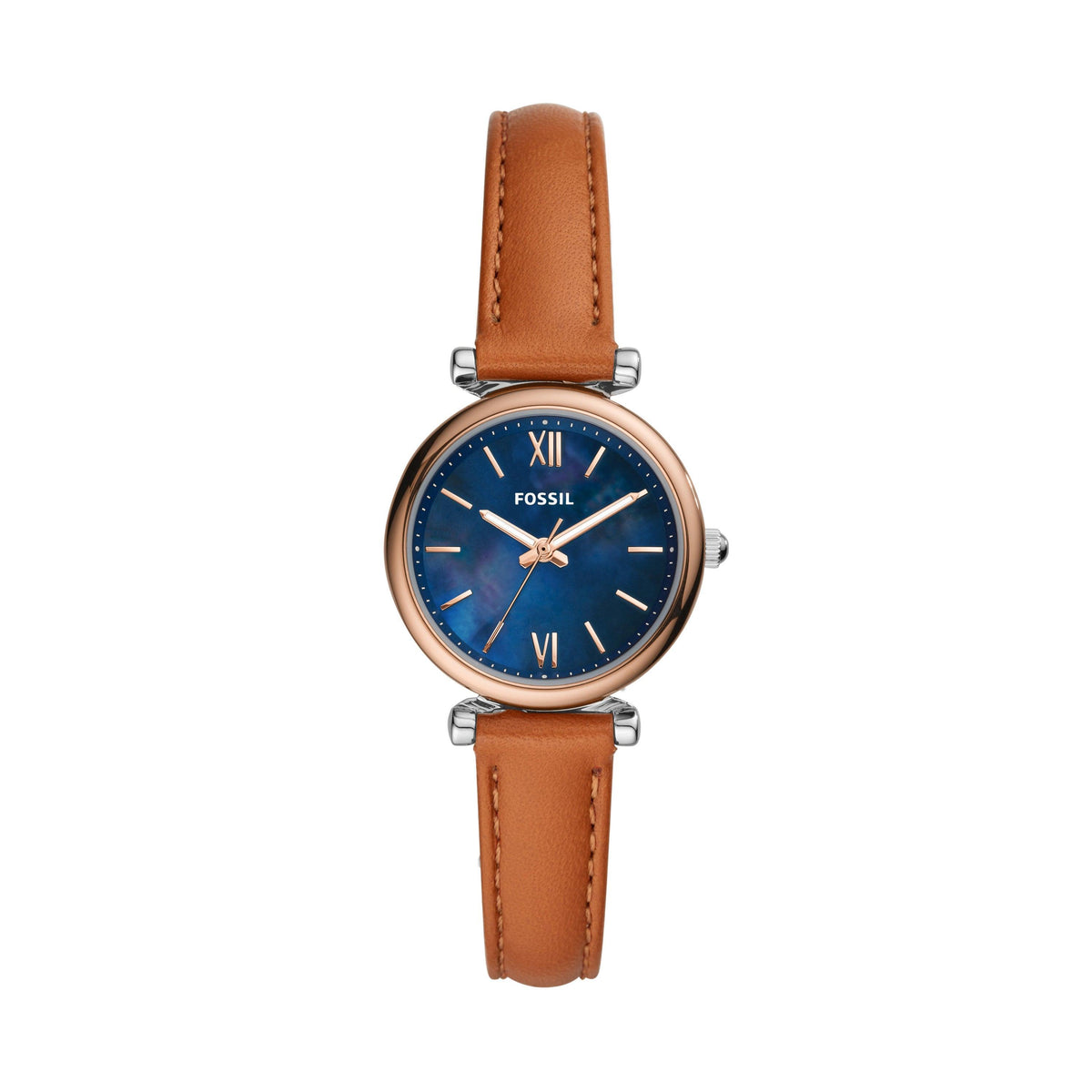 Fossil Ladies Carlie Mini Rose Gold & Tan Leather Strap Watch Blue MOP Dial