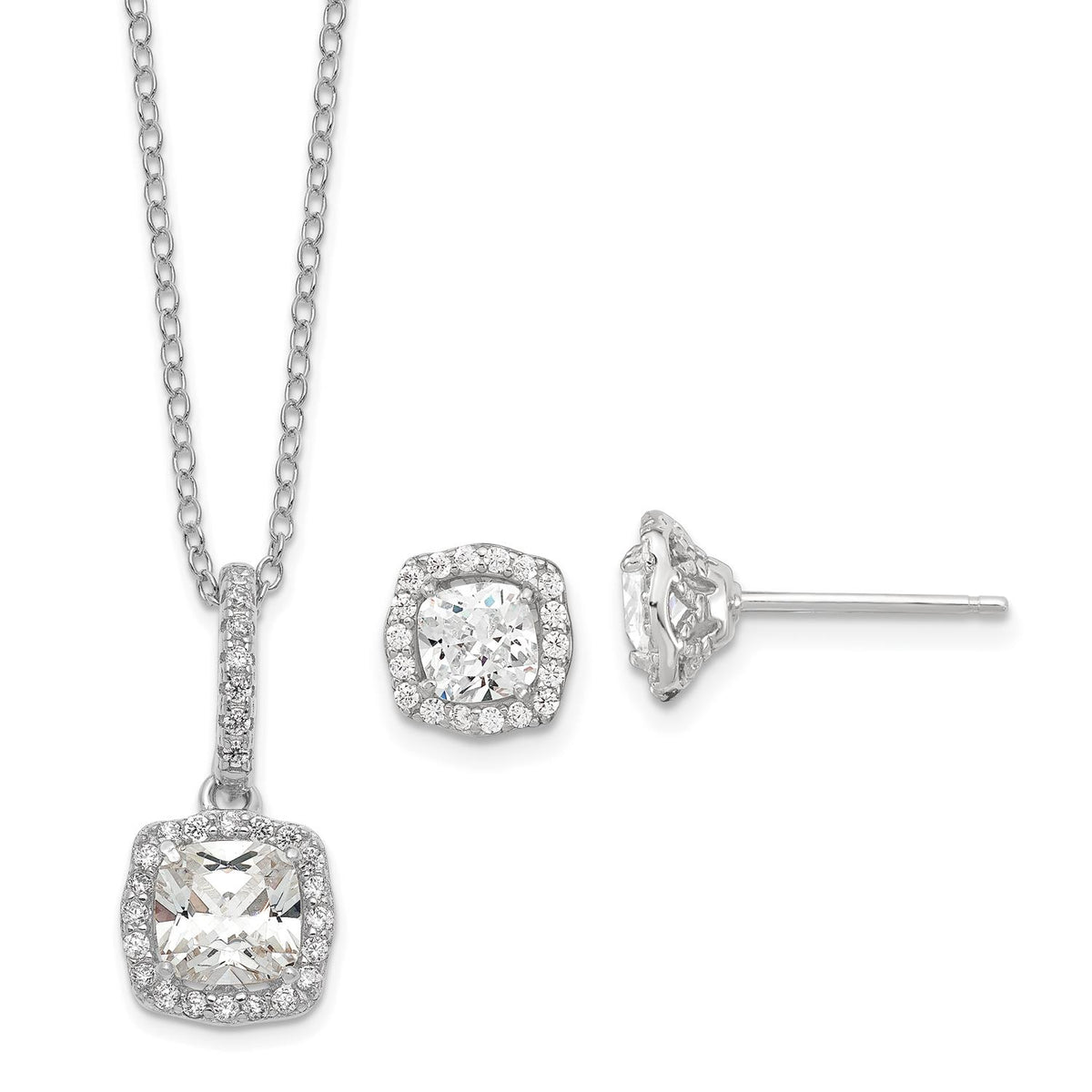 Distinctive Sterling Silver Polished Rhodium-plated CZ 18in Necklace/Post Earrings Set