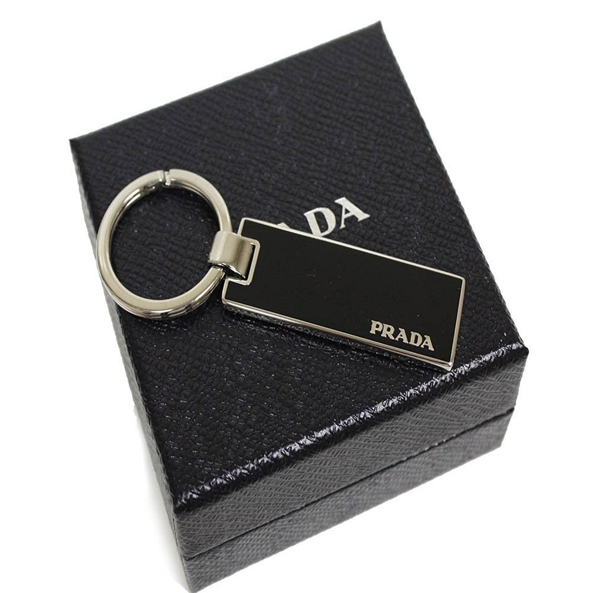 Prada Nero Black Rectangle Enamel Silver Metal Keyring Keychain Charm