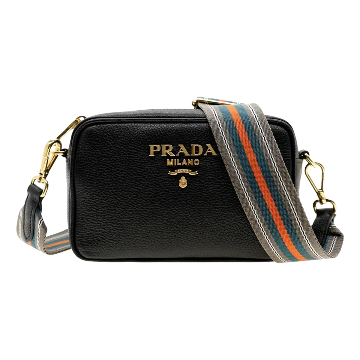 Prada Milano Vitello Phenix Nero Leather Crossbody Bag Web Stripe Strap