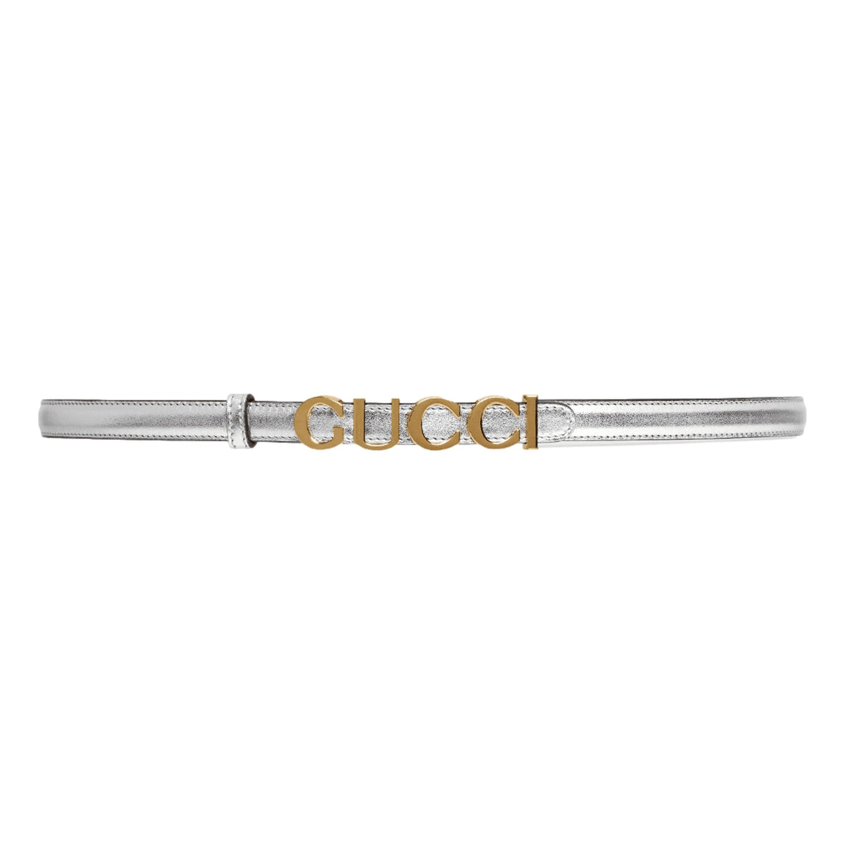 Gucci Silver Leather Belt with Metal Gold Logo Lettering Size 85
