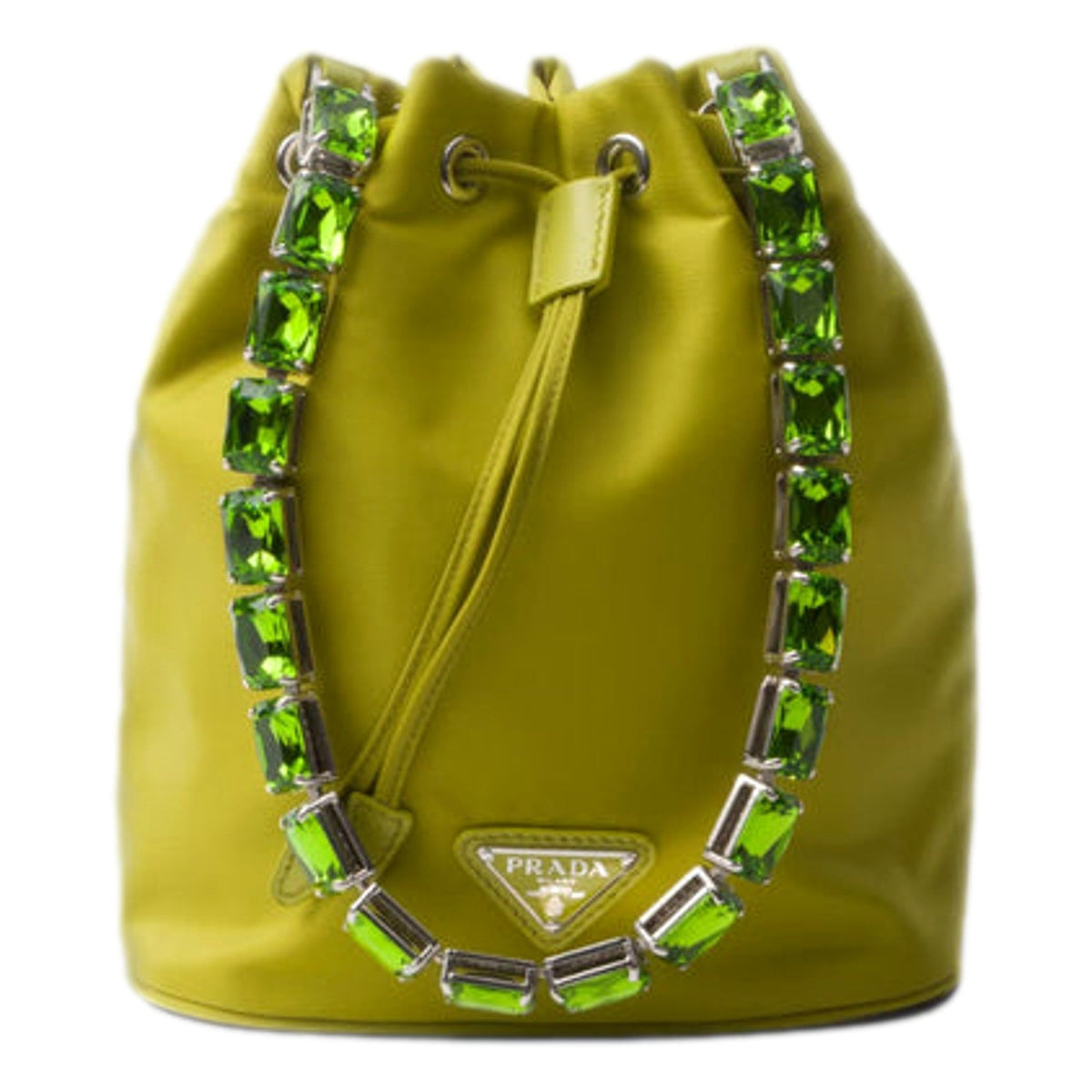 Prada Re-Nylon Felce Green Drawstring Bucket Bag Embellished Crystal Handle