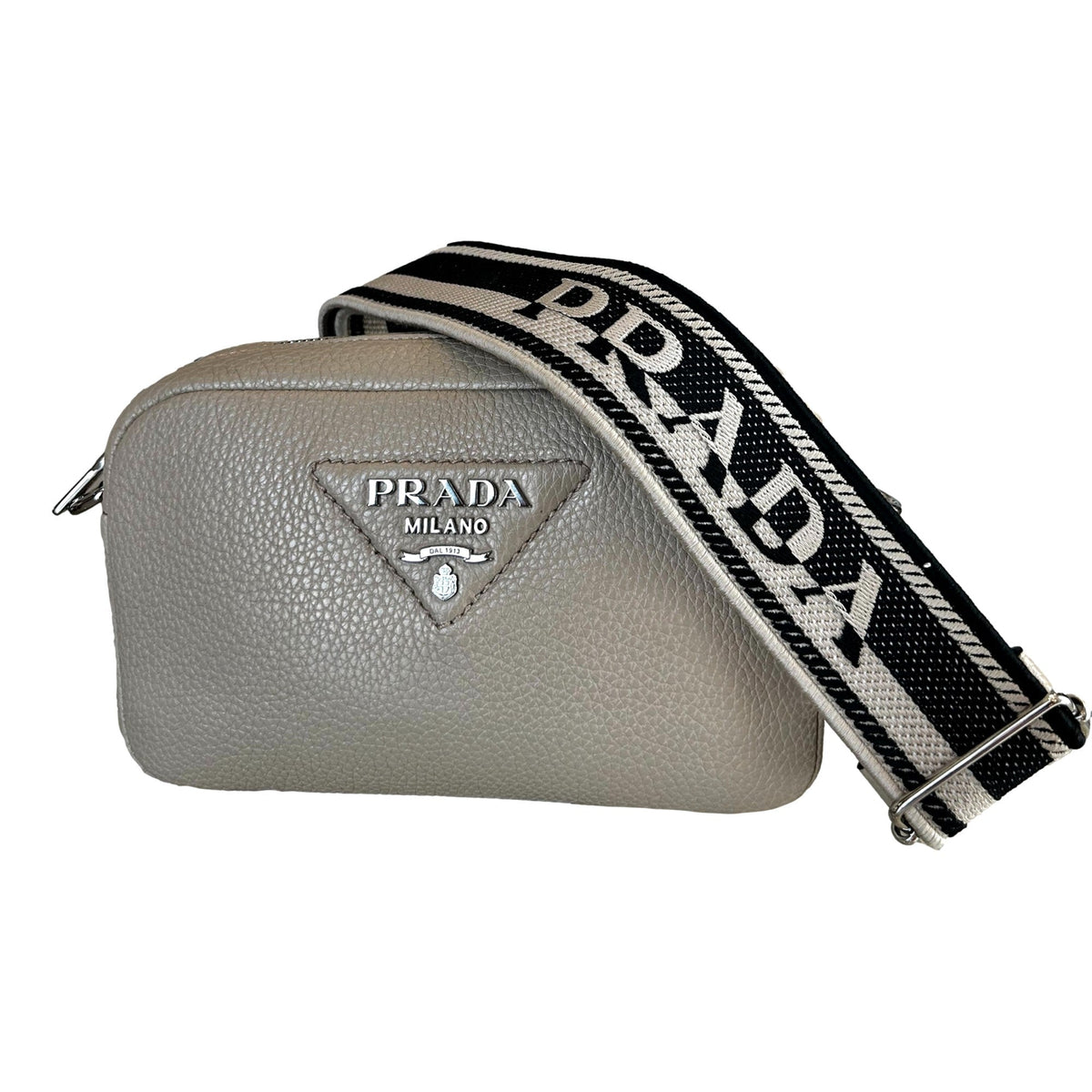 Prada Vitello Daino Leather Sabbia Beige Web Strap Camera Crossbody