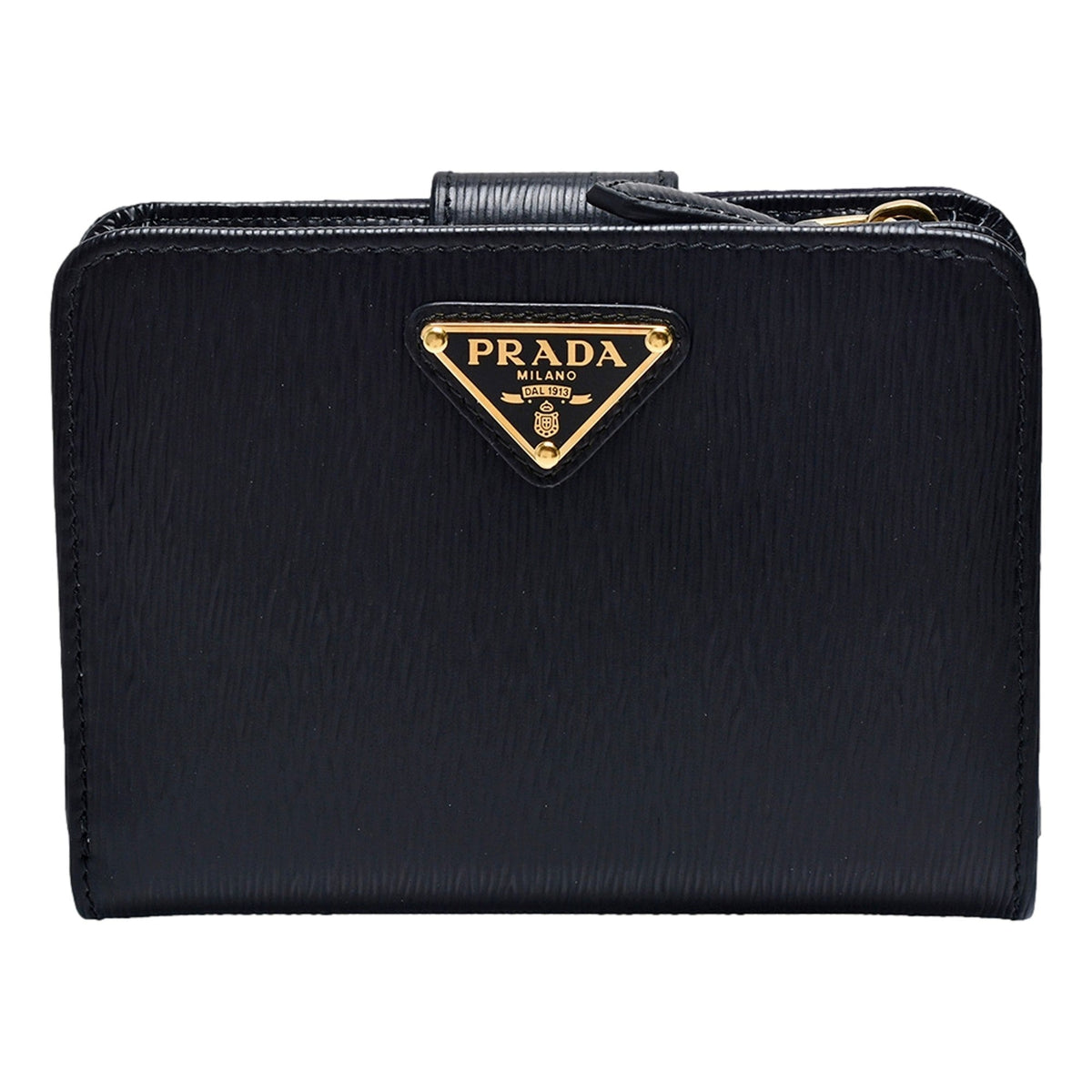 Prada Vitello Move Nero Black Leather Small Wallet with Zipper Gold Triangle Logo