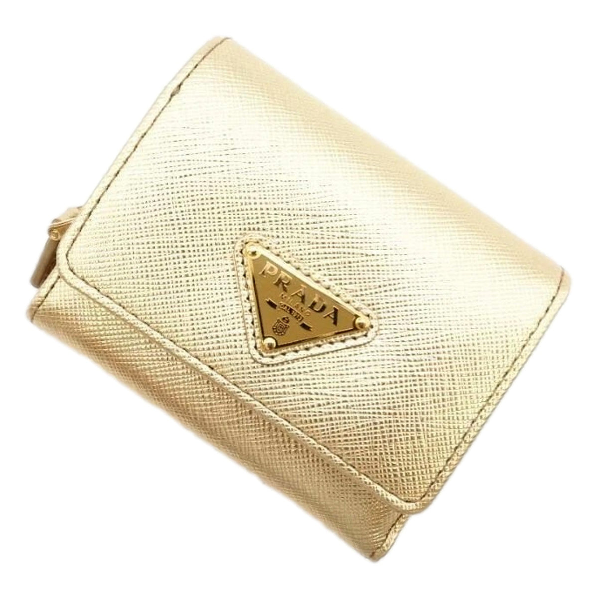 Prada Saffiano Platino Gold Trifold Wallet Card Case with Zipper Coin Pouch