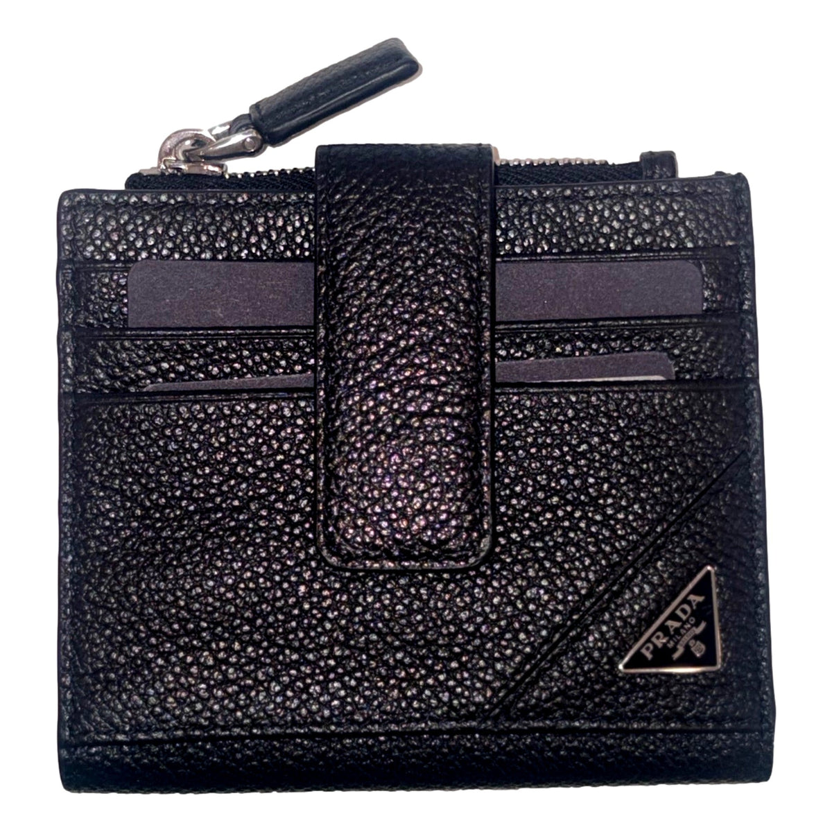 Prada Black Vitello Grain Leather Card Case Bifold Wallet with Zipper Coin Pouch