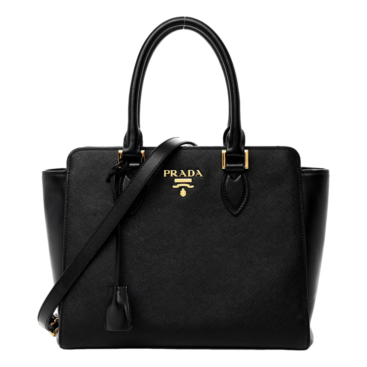 Prada Saffiano and Soft Calfskin Double Zipper Black Tote Shoulder Bag