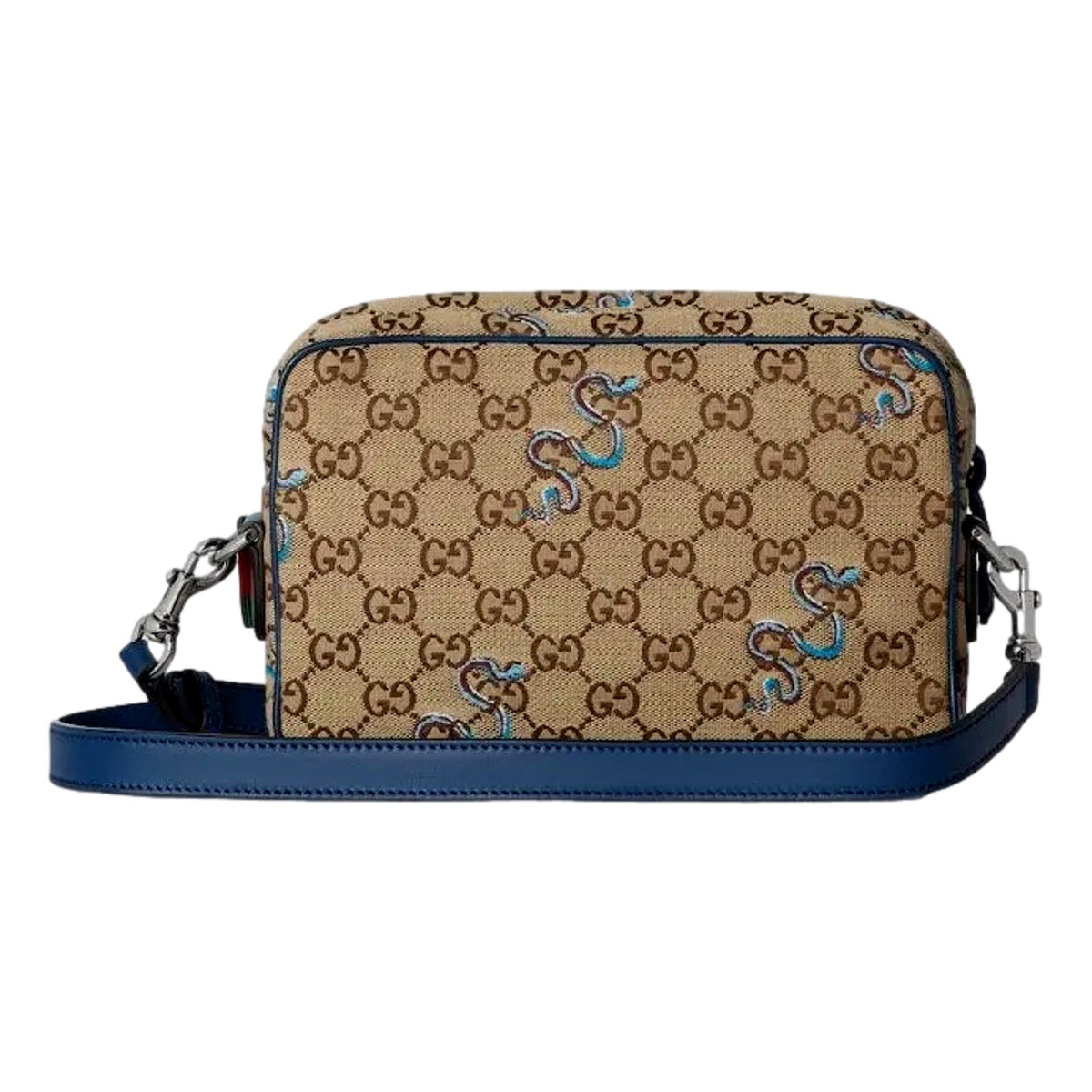 Gucci Snake Embroidered Beige Canvas Blue Trim Crossbody Bag