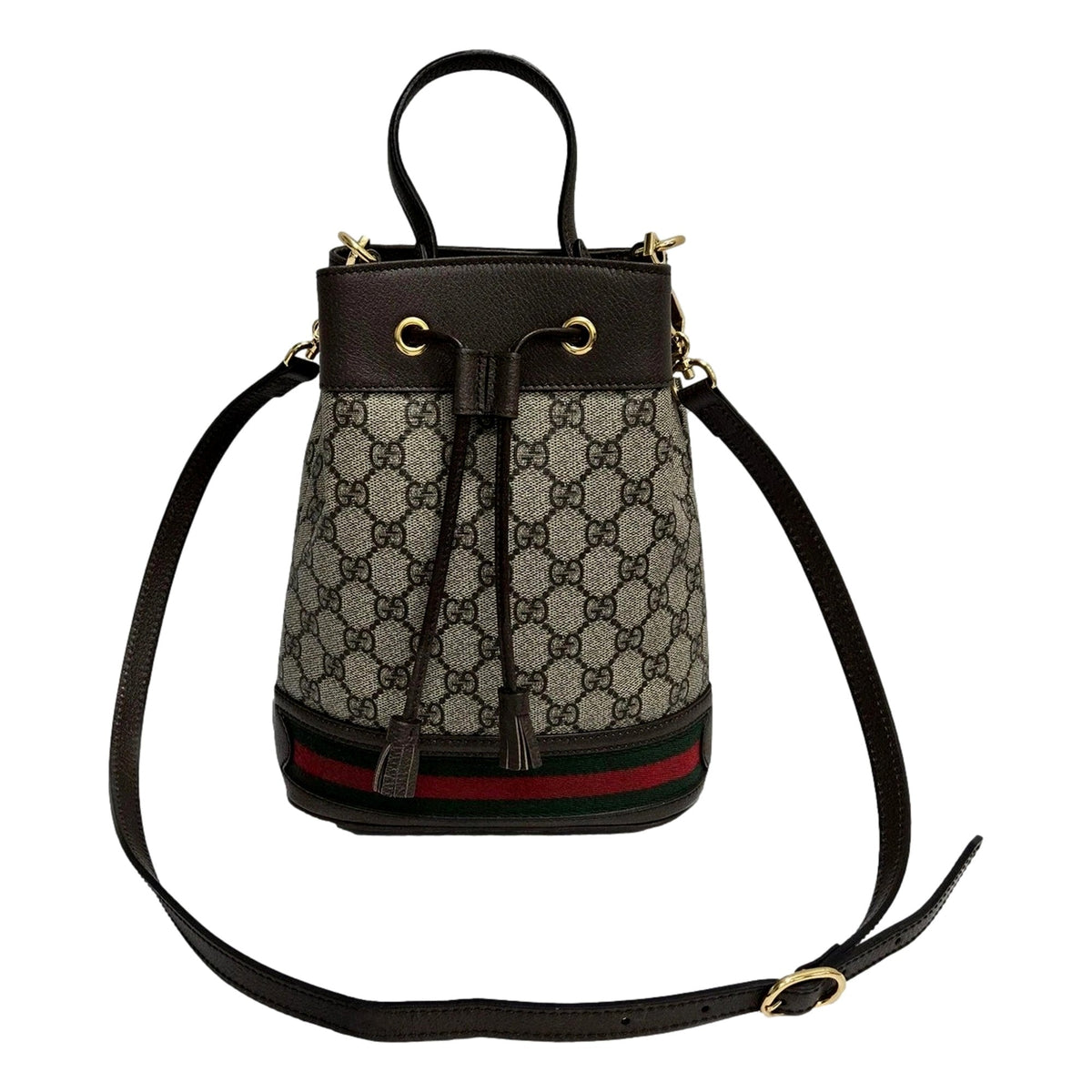 Gucci Ophidia Canvas Leather Webstripe Drawstring Brown Bucket Bag