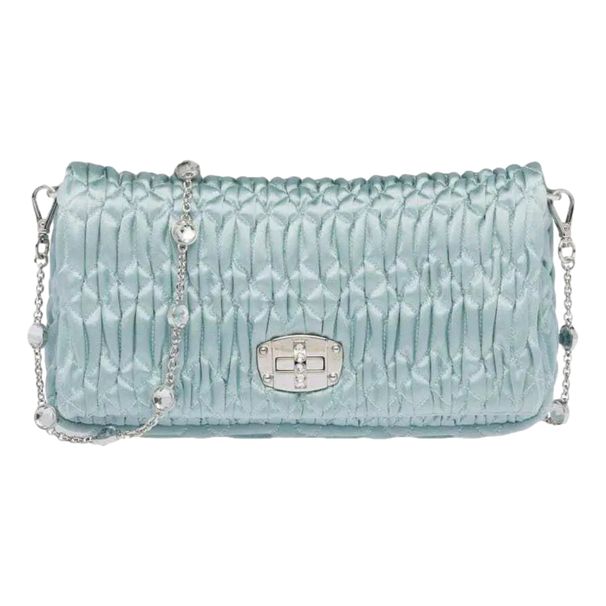 Miu Miu Satin Quilted Crystal Embellished Chain Crossbody Light Blue
