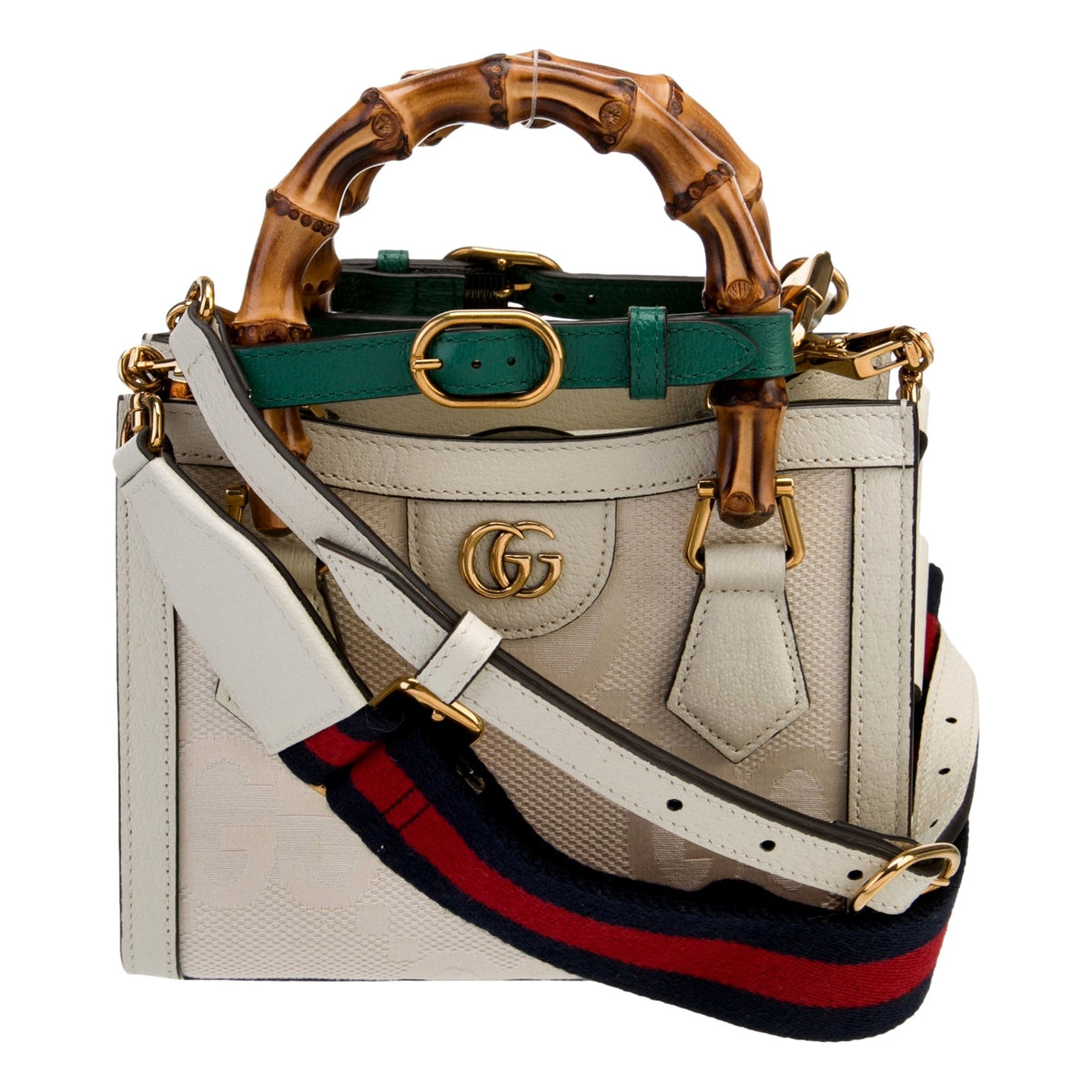 Gucci Diana Mini Bamboo Top Handle Jumbo GG Canvas Cream Leather Handbag