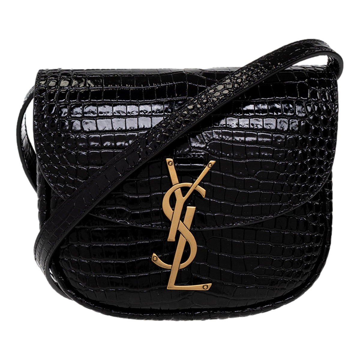 Saint Laurent Kaia Croc Embossed Leather Small Crossbody Bag Black
