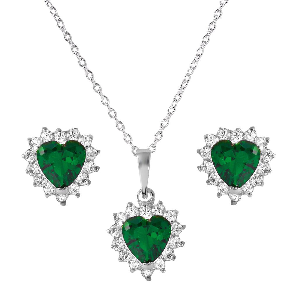 PARIKHS Rhodium Plated Green Heart Cluster Necklace-Earring Set in 925 Sterling Silver