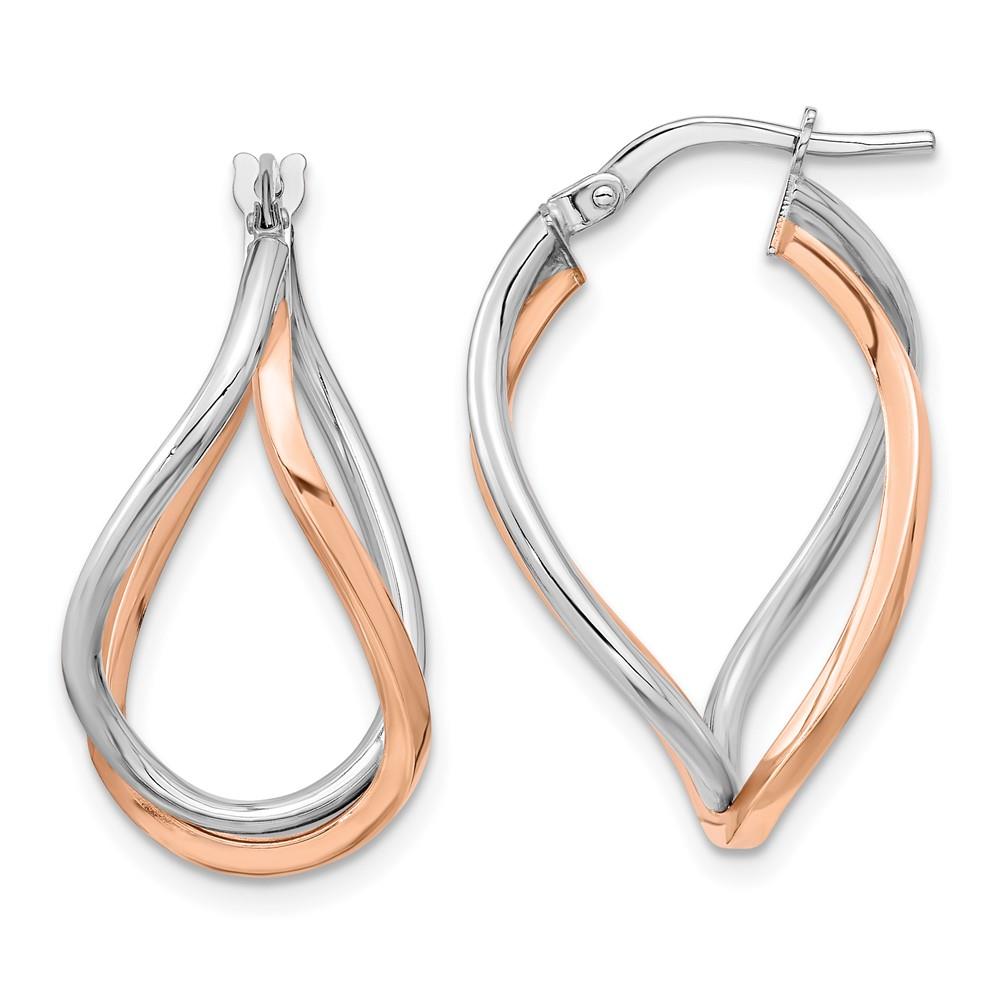 Distinctive 14k Yellow Gold w/White Rhodium and Rose Gold-plated Swirl Hoops