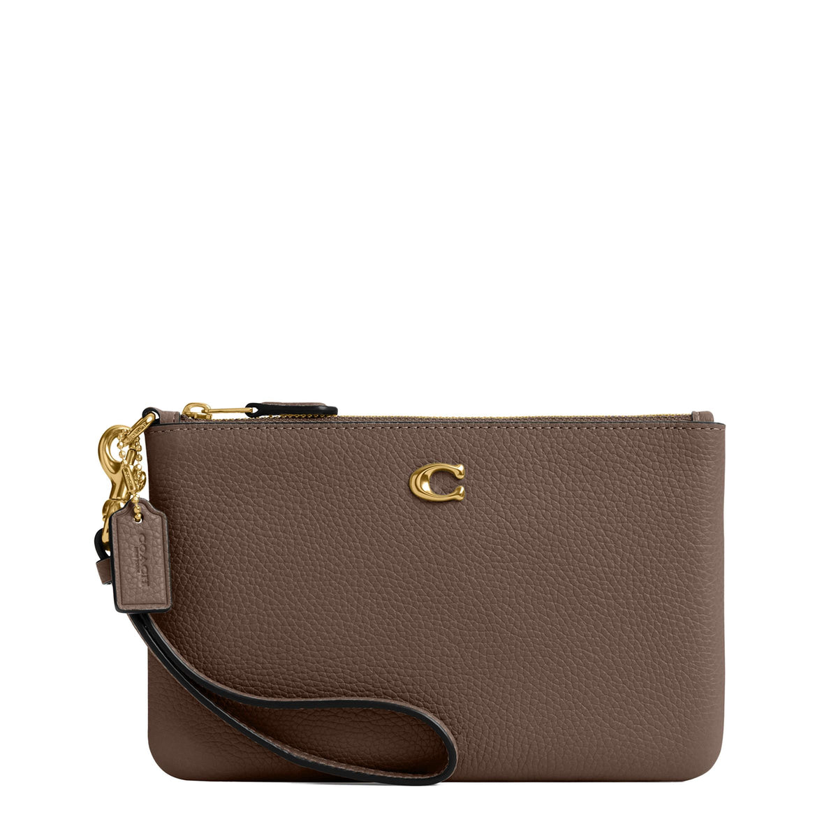 COACH Polished Pebble Leather Small Wristlet - Dark Stone/Brass