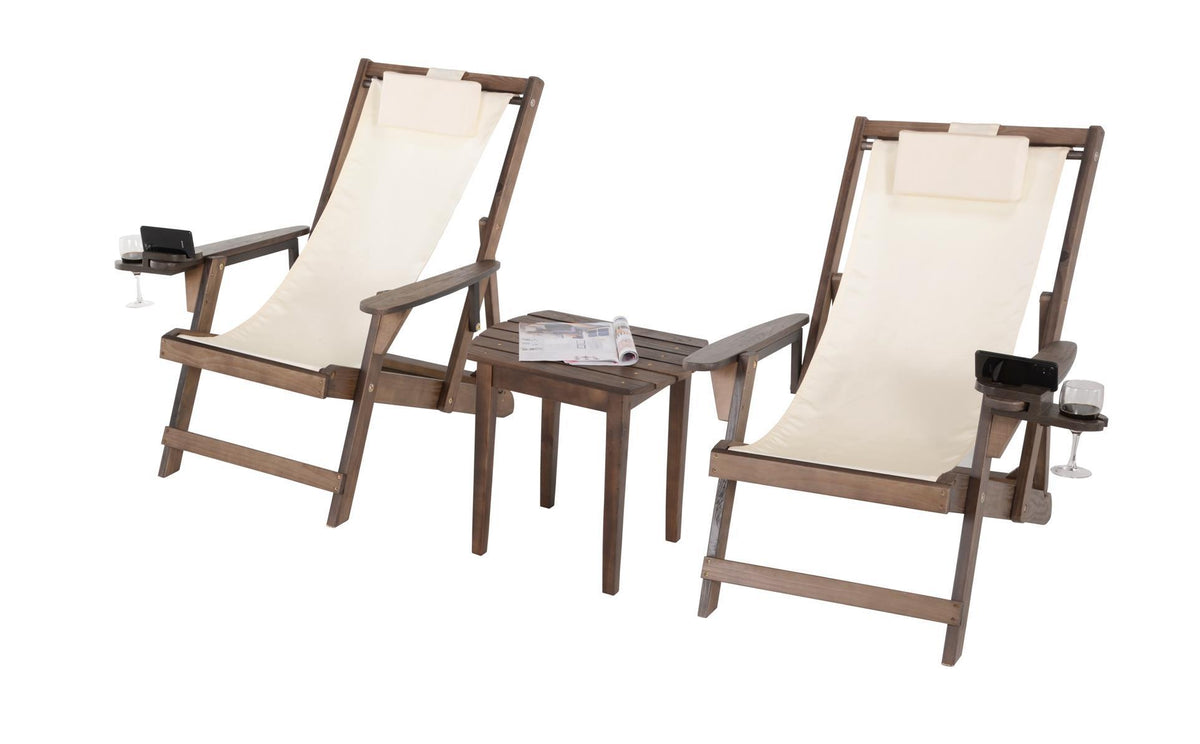 Romantic Collection - 2 Canvas Sling Chairs w/Beverage Holder & 1 End Table - Dark Brown, Beige