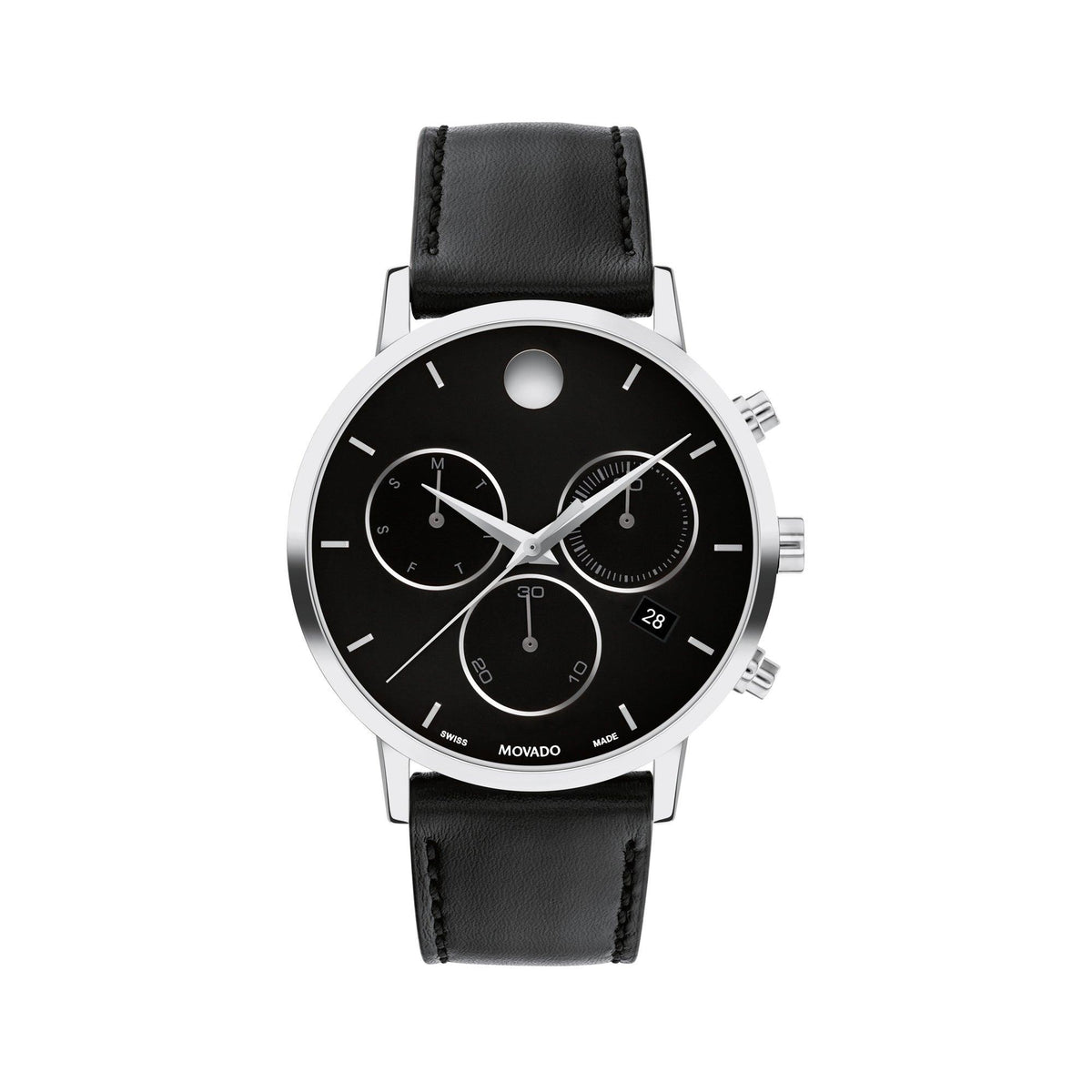 Movado Men's Museum Classic Chronograph Silver & Black Leather Strap Watch Black Dial